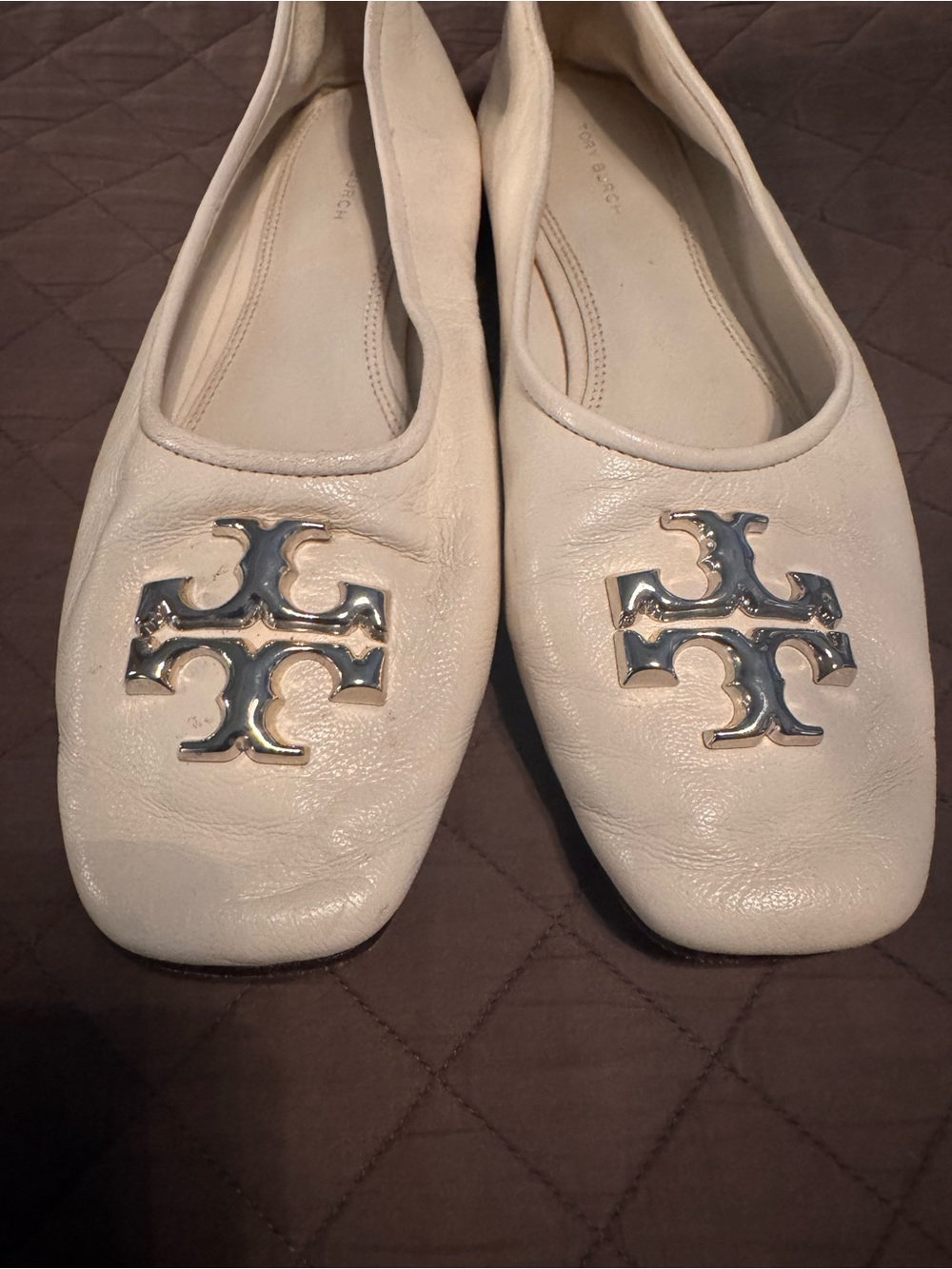 Tory Burch Ivory Leather Logo Square-Toe Flats Eleanor